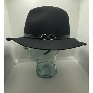 H & M Black Wool Fedora Hat Size L/58 Faux Leather Band W/Buckle Decoration EUC